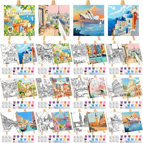 Supervitae 72 Piece Boho City Round Pre Drawn Canvas Kit 5.9" Paint and Sip Kit for Adults Painting Party Pre Printed Canvas DIY with Pictures Paints Easels Brushes for Party Gifts by Supervitae
