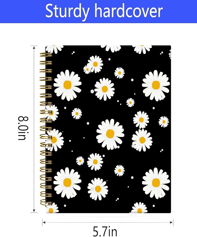 Spiral Journal Notebook,A5 Hardcover Lined Journals for Women 6 x 8.3 in,60 Sheets 120 Pages Thick Paper,Cute College Ruled Writing Notebook for Office Work School(Daisy Black)