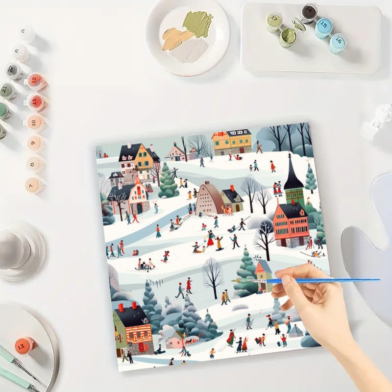 Winter Village Digital Painting Kit for Adults - DIY Holiday Snow Scene with Houses and People Oil Painting on Canvas 7.87x7.87in,Framed Acrylic Paint Kit,Good for Beginners,Festive Home Decor - Image 3