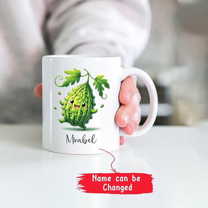 Personalized Cute Bitter Gourd Vegetable Coffee Cup 11oz 15oz, Funny Bitter Gourd White Ceramic Mug Gifts For Men Women, Custom Name Bitter Gourd Lover Coffee Mug, Bitter Gourd Fans Travel Cups
