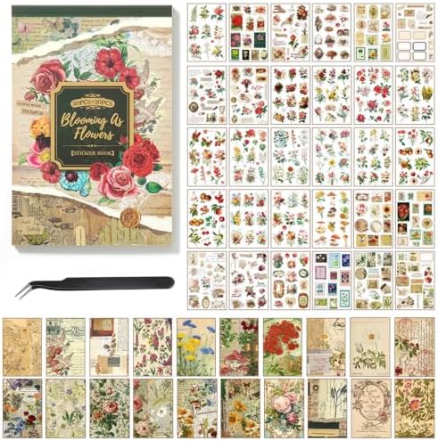 Flower Sticker Book for Scrapbooking, 500+ Floral Stickers for Junk Journal Supplies and 20 A5 Aesthetic Scrapbook Paper, Vintage Stickers for Journaling Ephemera Sticker Book for Adults DIY Crafts by Ahmagen