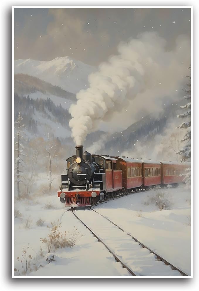 Canvas Wall Art Christmas Print Train Painting Winter Scenery Landscape Snowy Railroad Wall Art Moody Christmas Decor 28x40in-UnFramed