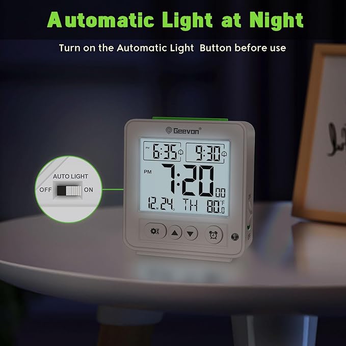 Geevon Smart Night Light Small Digital Alarm Clock with 2 Increasing Beep Alarm, Indoor Temperature, Battery Operated Travel Clock for Bedroom, Bedside, Desk(White)