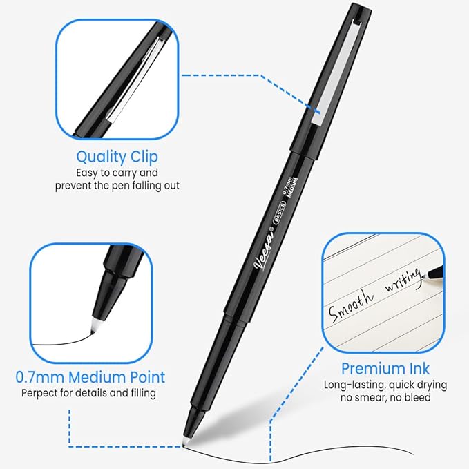 Felt Tip Pens Black, Medium Point (0.7mm), 32 Pack Felt Tip Markers for Writing, Journal, Planner Coloring, Note Taking, School Supplies for Teachers & Students