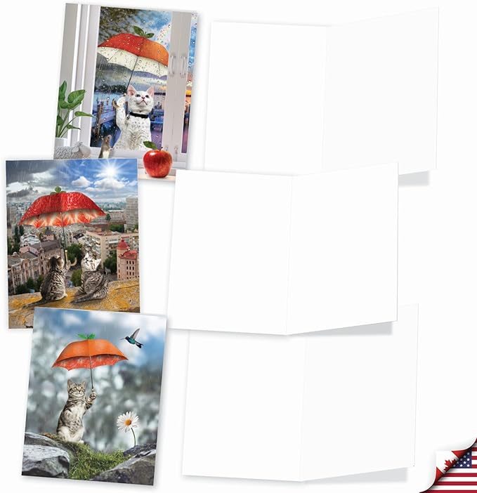 The Best Card Company - 10 All Occasion Blank Cat Cards (4 x 5.12 Inch) - Cute Assorted Bulk Card Set - Fruit Cat AM6323OCB-B1x10
