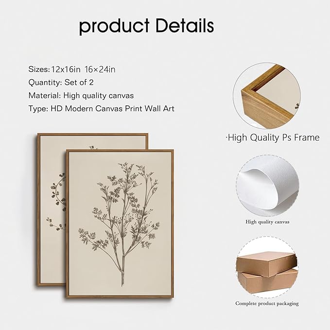 YOYIAXT 2 Pieces Farmhouse Botanical Canvas Wall Art For Bedroom Cottagecore Country Minimalist Neutral Antique Rustic Framed Art Print Artwork For Office Living Room, 16x24 in
