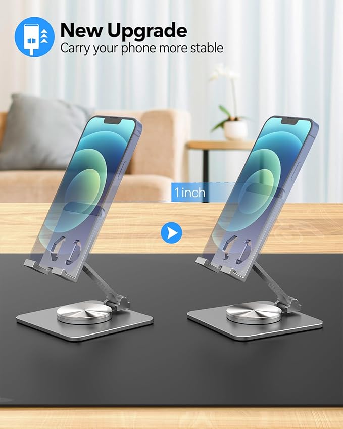 Cell Phone & Tablet Stand for Desk, Aluminum Adjustable Holder for iPhone, iPad & Smartphones || Foldable Mount with 360° Swivel, Stable Base & Portable Design for 4–9.7in Devices, Grey