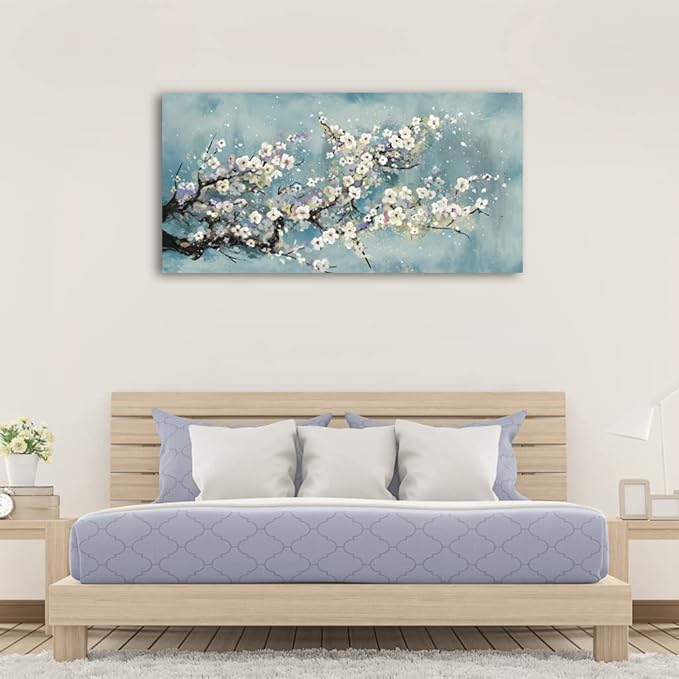 Flowers Wall Art Plum Blossom Canvas Art Botanical Floral Canvas Pictures Grey Blue Canvas Artwork for Bedroom Living Room Bathroom Kitchen Office Home Wall Decor Framed Ready to Hang 20" x 40"