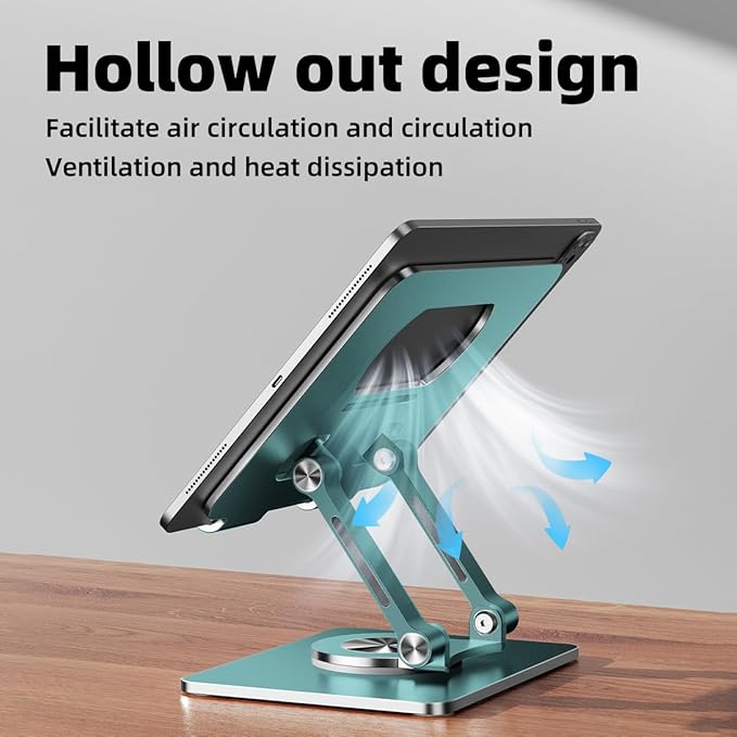 iPad Stand for Desk, Tablet Holder with Thickened 360° Rotating Base Dual Rod Adjustable Aluminum Stand for All 4-12.9’’ iPad Surface Samsung Phone Tablet Kindle E-Reader and More, Space Gray