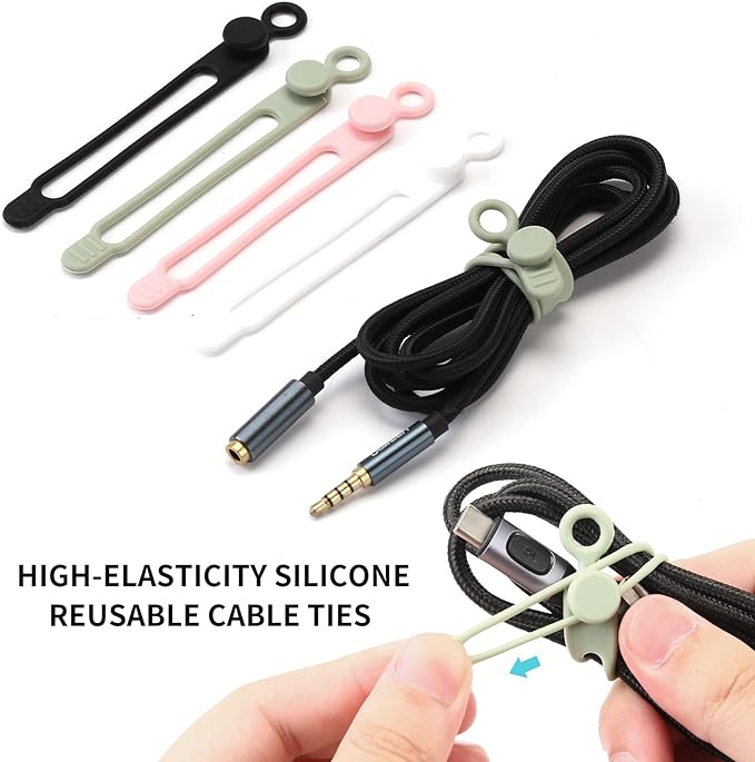 20pcs Silicone Cable Ties,Reusable Cable Management Organizer, Wire Ties，Travel Cord Ties，Cord Organizer for Bundling Cable Cords in Home,Office,Kitchen,School(White Black)
