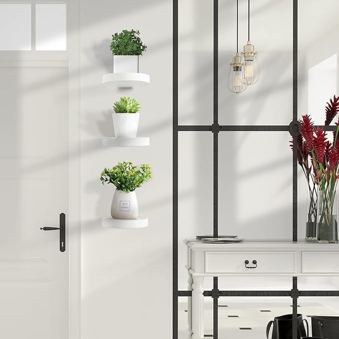 AceList Round Floating Shelves - Set of 3 White Rustic Wood Small Wall Shelves, 6Inch Wall Mounted Shelves for Bathroom, Bedroom, Kitchen, Office and Living Room Decor