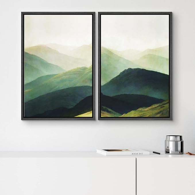 SIGNWIN Framed Canvas Print Wall Art Set Green Mountain Range Forest Landscape Nature Wilderness Digital Art Modern Art Floral Rustic Decorative for Living Room, Bedroom, Office - 24"x36"x2 Black