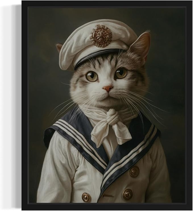 Sailor Cat Art Poster Print, Cat Kitten Painting Humor Portrait Pet Artwork Decor Gallery A8 (11 x 14 inches, Black Frame)