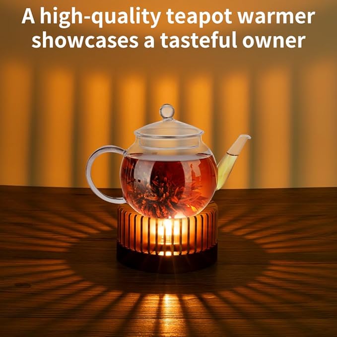 Teapot Warmer, Aluminum Tea Warmer with Wooden Base, Candle Heater for Heating Tea, Coffee, Milk, Food,Camping and Traveling, Universal Teapot Heater (Small-with Wooden Base)