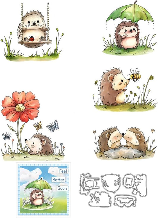 Hedgehog Flowers Plants Stamps and Cutting Dies for Card Making DIY Transparent Silicone Clear Stamp and Metal Die Cuts Sets for Scrapbooking Paper Greeting Cards Decor Seals Craft Supplies