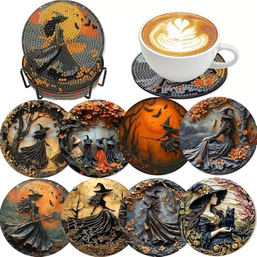 LWZAYS 8 Pcs Halloween Diamond Art Coasters Kit - DIY 5D Small Diamond Painting Coasters with Holder, Diamond Art Kits for Adults Coasters, Arts and Crafts for Adults by LWZAYS