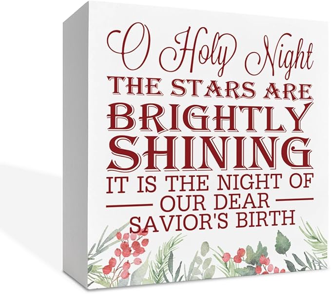 Christmas Christian Wooden Desk Decor Sign, O Holy Night The Stars Are Brightly Shining Wooden Box Sign, Religious Holiday Tabletop Home Plaque, Christmas Decoration 5x5 Inches