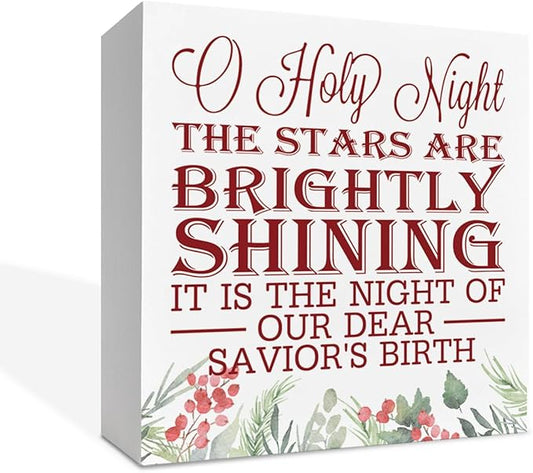 Christmas Christian Wooden Desk Decor Sign, O Holy Night The Stars Are Brightly Shining Wooden Box Sign, Religious Holiday Tabletop Home Plaque, Christmas Decoration 5x5 Inches
