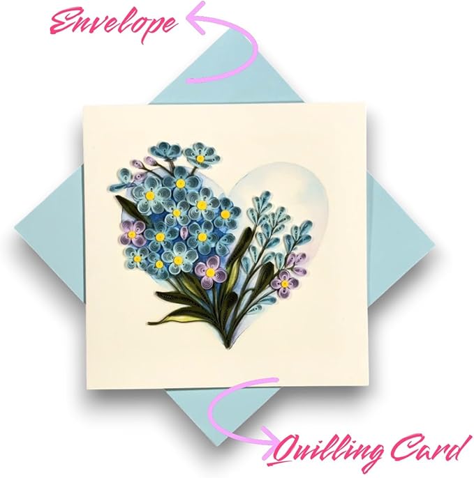 Quilling Greeting Card Handmade Forget-Me-Not Floral Design Heart Detail Romantic Gift for Her Birthday Anniversary Valentine’s Day Special Occasion Keepsake Unique Love Paper Art