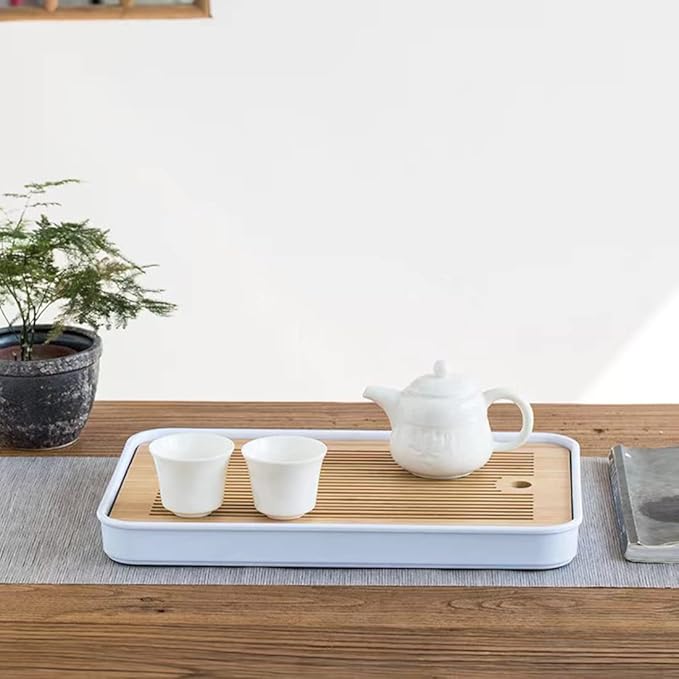 14 Inch Bamboo Chinese Gongfu Tea Tray Table Box with Water Storage for Kungfu Tea Set (Style 5 White)