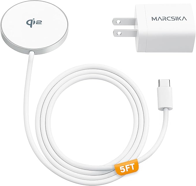 MagSafe-Compatible Qi2 Charger for iPhone 12–17 – 15W Fast Charging Pad with 20W USB-C Adapter & 5ft Braided Cable Included