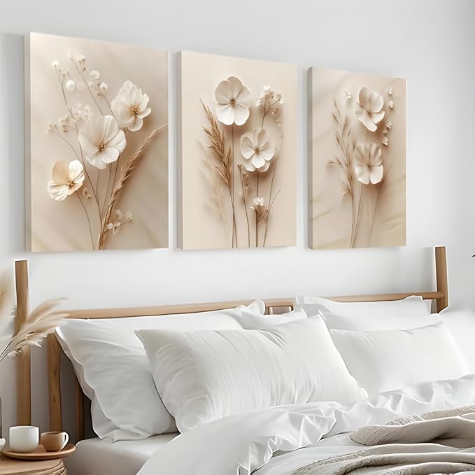 3Pcs Framed Neutral Beige Floral Canvas Wall art Modern Simple Texture Plant Painting Wall Decor Vintage Flower Poster Prints for Living Room Bedroom Farmhouse 16x24in Ready to Hang