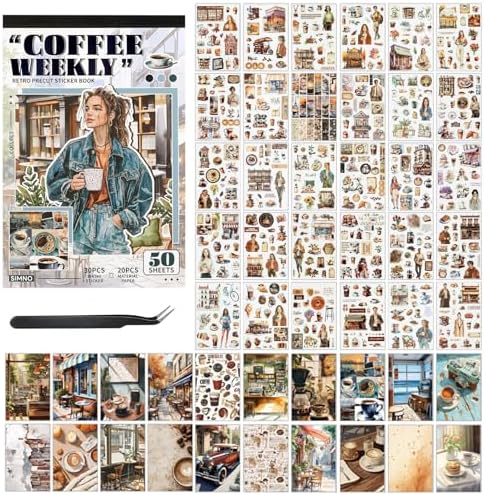 Pre-Cut Washi Sticker Book with 500+ Scrapbooking Stickers and 20 A5 Scrapbook Papers, Aesthetic Coffee and People Stickers for Journaling, Junk Journal Supplies for Adults Card Making, Art Crafts by Ahmagen