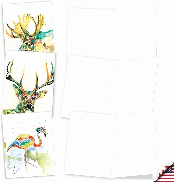 The Best Card Company Assorted Watercolor Blank Greeting Card Box Set - Incl. 20 Notecards + Envelopes, 10 Unique Designs for Thank You, Invitations, More - Rainbow Splash Animals AM6137OCB-B2x10