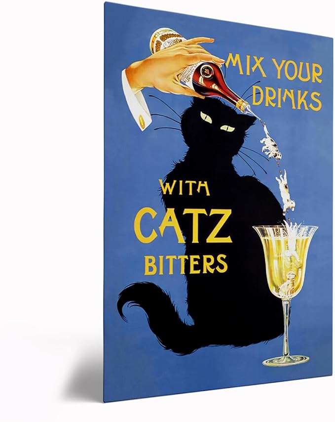Catz Bitters Print, Vintage Beverage Poster, Bar Cart Wall Art,Black Cat Wall Art, Vintage Cat Alcohol Poster,Alcohol Print Horizontal,Bar Wall Decor,Bar Cart Decor20x30 Framed