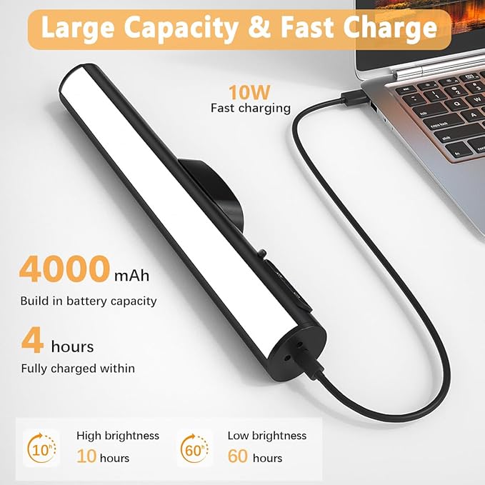 Rechargeable Magnetic LED Light Bar with Remote, Under Cabinet Lighting Wireless, Battery Powered Operated Wall Strip Lights, Dimmable Desk Lamp for Shelf Closet Picture Kitchen - Black