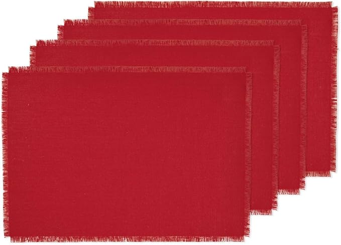Solino Home Fringe Linen Placemats Set of 4-14 x 19 Inch Placemats Cherry Red - 100% Pure Linen Table Mats for Valentines