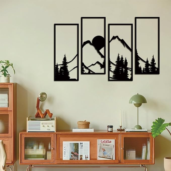ruelen 4 Pcs Metal Sunset Mountain Forest Wall Decor, Abstract Minimalist Line Drawing Large Mountains Wall Art Home Decor for Living Room Bathroom Bedroom Office Indoor And Outdoor (Black, Large)