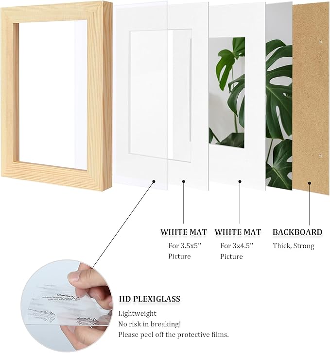 Egofine 4x6 Picture Frames Natural Wood Frames with Plexiglass, Display Pictures 3x4.5 and 3.5x5 with Mat or 4x6 Without Mat Set of 4 for Tabletop and Wall Mounting