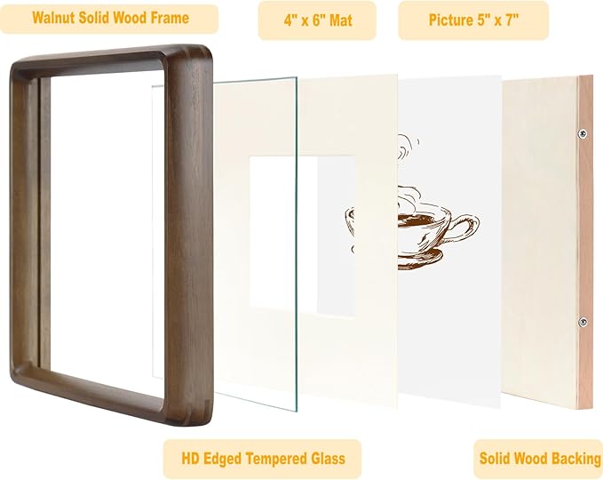 HELPLEX 5x7 Premium Picture Frame Set of 2 - Solid Walnut Wood with HD Tempered Glass, Convertible 4x6 Matted or 5x7 Frameless Display, Wall or Tabletop Frames - Home Gallery, Memories Made Easy
