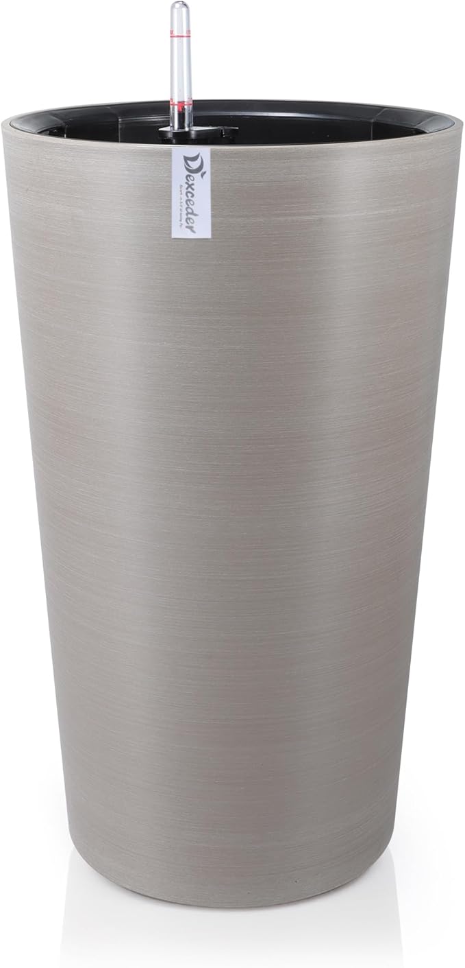 Dexceder 22x13 Tall Self Watering Planter High Cylinder Indoor Outdoor, Thickened Large Floor Standing Flower Plant Pot with Water Level Indicator (Coffee, Wire Drawing)
