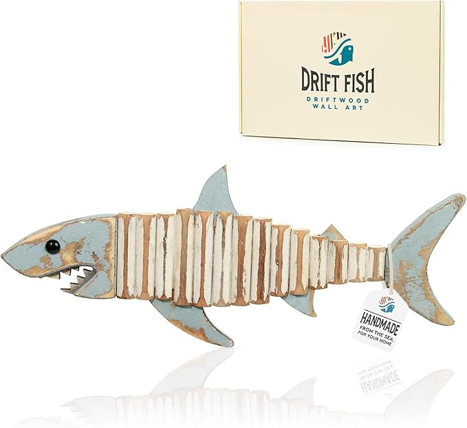 Mint Bucket Brands Driftwood Fish Nautical Wall Decor - 17" x 6. 5" Handmade Wooden Rustic Coastal Wall Art for Living Room, Bedroom, Office, Bathroom - Ocean Beach Decoration (Raya)