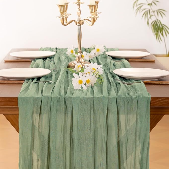Socomi Sage Green Cheesecloth Table Runner Valentine's Day Boho Rustic Farmhouse Gauze 120 inch 10FT Cheese Cloth Runner for Wedding Party Baby Shower Birthday Home Decor Holiday Decorations