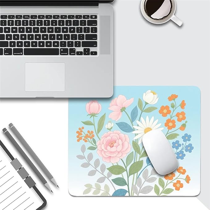Square Mouse Pad Hand-Painted Flowers, Personalized Premium-Textured Custom Mouse Mat Design, Washable Mousepad Cloth, Non-Slip Rubber Base Computer Mouse Pads for Wireless Mouse