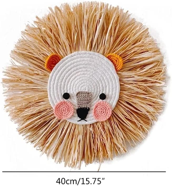 Charlbytion Wall Art Animal Head Hand Knitted Hanging,Cotton Thread Weaving Straw Cartoon Tassel Beard Lion Tiger Macrame Pendant Nursery Room Wall Decor for Home Decoration (16''*16'', G)