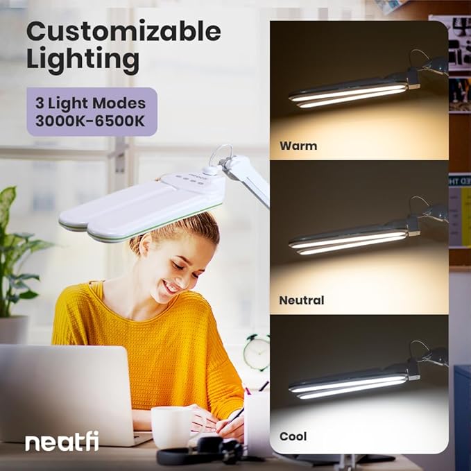 Neatfi Elite HD XL LED Desk Lamp, 3 Light Modes, 90PCS SMD LED, Non-Polar Dimming, Bright Eye-Caring Lighting for Home Office, Drafting, Beauty Shop, Workbench (CCT with Clamp, Green Ring, 17 Inches)