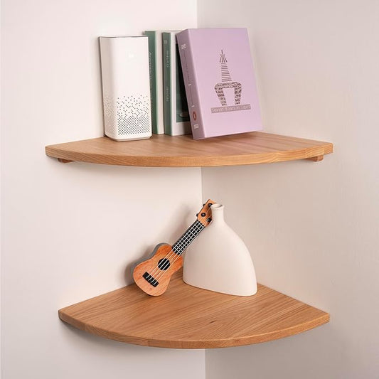 Floating Corner Shelves Oak 16", Solid Oak Wall Mounted Wooden Display Storage Rack with Wire Hole for Plants, Photos, Speakers, Bedroom, Kitchen, Living Room Décor - 2-Pack