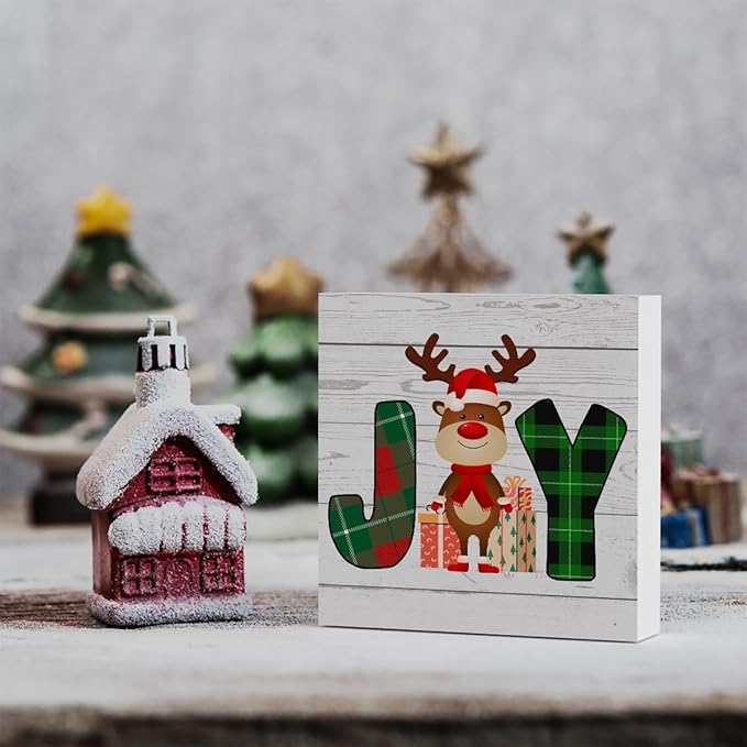 Rustic Winter Merry Christmas Joy Deer Wood Box Sign, Farmhouse Christmas Santa Artwork Decor, Wood Square Sign Desk Block Signs Home Shelf Office Decoration 5 x 5 Inches