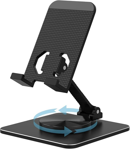 Cell Phone & Tablet Stand for Desk, Aluminum Adjustable Holder for iPhone, iPad & Smartphones || Foldable Mount with 360° Swivel, Stable Base & Portable Design for 4–9.7in Devices, Black