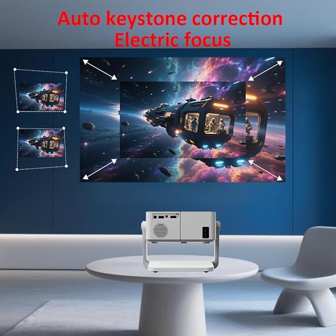 Mini Projector with WiFi and Bluetooth【Auto Keystone&Electric Focus&Rotatable】Built-in Stand Projector Android Projector Suitable for Home/Parties/Office Use