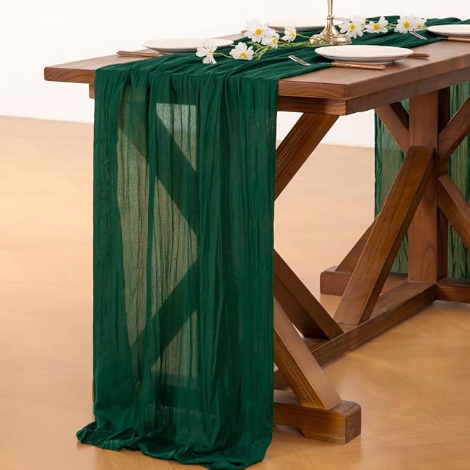 Socomi Emerald Green Cheesecloth Table Runner Valentine's Day Boho Rustic Gauze 120 inch 10FT Cheese Cloth Runner for Wedding Party Baby Shower Birthday Home Decor Holiday Decorations