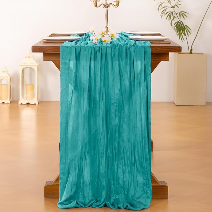 Socomi 3pcs Teal Blue Spring Cheesecloth Table Runner Boho Rustic Gauze 120 inch 10FT Cheese Cloth Runner for Wedding Party Baby Shower Birthday Home Decor