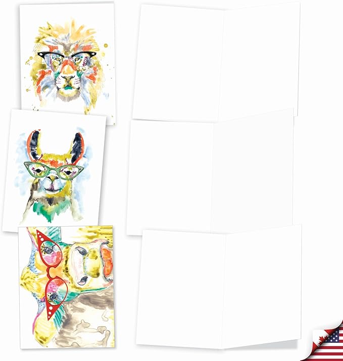 The Best Card Company Assorted Watercolor Blank Greeting Card Box Set - Incl. 20 Notecards + Envelopes, 10 Unique Designs for Thank You, Invitations, More - Rainbow Splash Animals AM6137OCB-B2x10