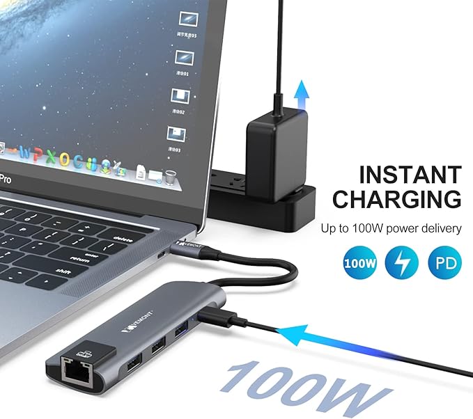 VEMONT 5 in1 USB C hub, Type-c multiport Adapter with Gigabit Ethernet, 3 USB 3.0 hub for Data, 100W Power Delivery, USB hub for Laptop MacBook or ipad, and Other USB C Devices
