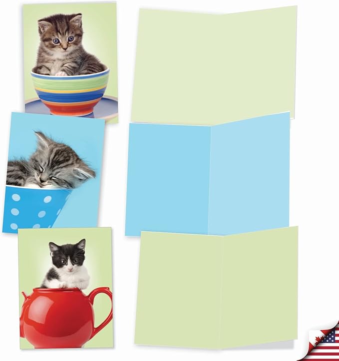 The Best Card Company - 10 Adorable Blank Cat Cards (4 x 5.12 Inch) - Cute Pet Kittens, Assorted Bulk Notecard Set - Cup-Cats M3969