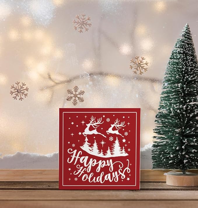 Happy Holiday Christmas Wooden Box Sign, Christmas Desk Decor, Farmhouse Red Christmas Trees Reindeer Snowflake Xmas Wood Signs for Home Office Table Shelf Decoration, 5x5 Inch